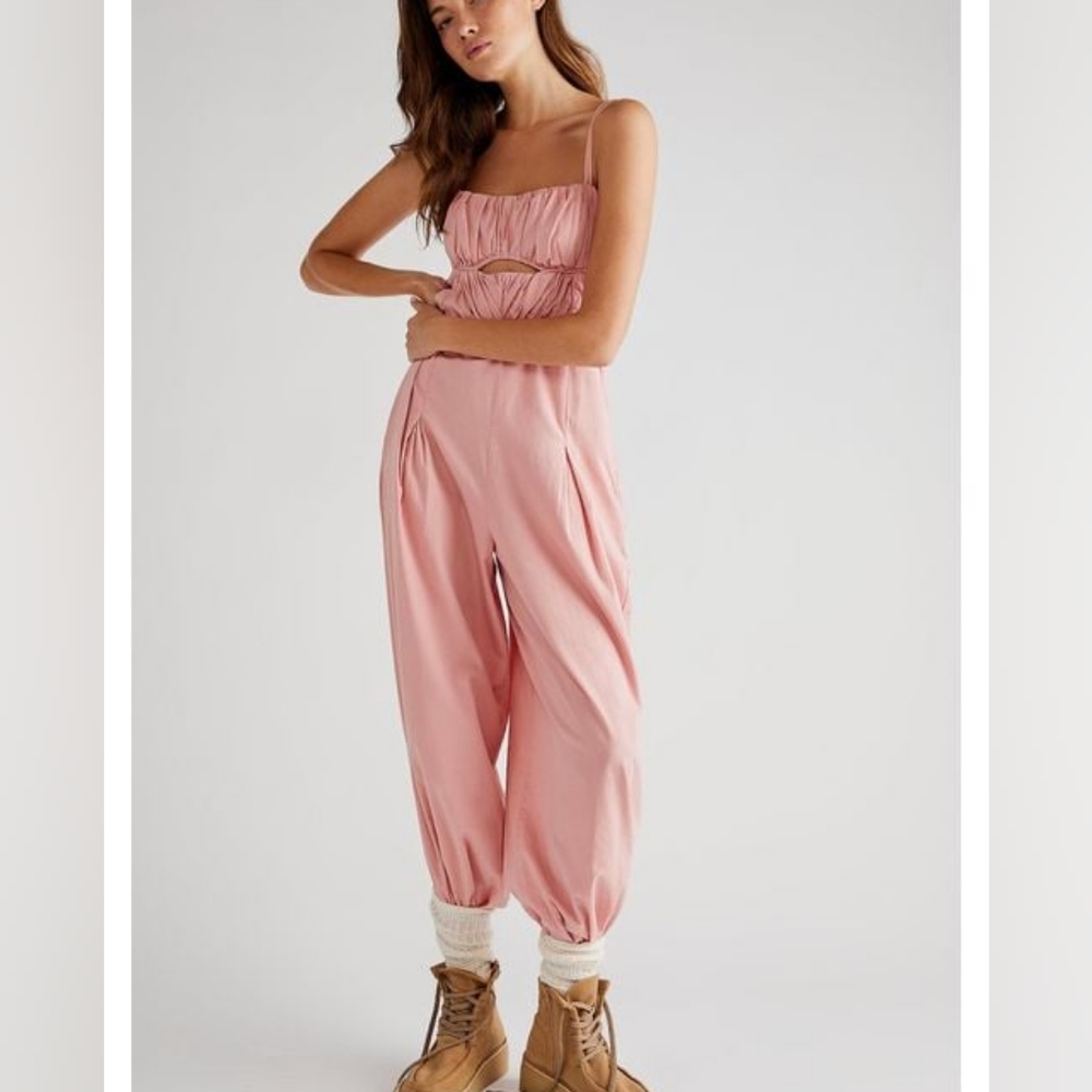 Free People Kingston Cutout Pleated Bust Smocked Balloon Legs Jumpsuit  TTS